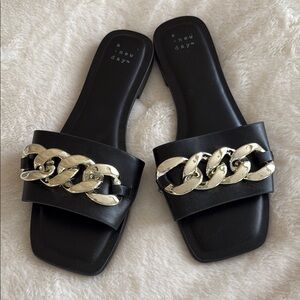 A New Day Black Slide Sandals with Gold Chain